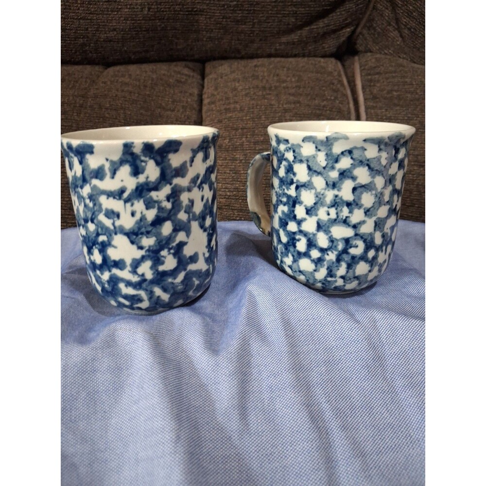 Sponge Coffee Mugs Tienshan Hearts Stoneware Folk Craft  3-7/8" Set of 2